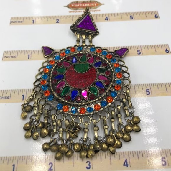 Afghan Vintage Multicolor Glass Stones Teeka, Massive Teeka With Dangling Bells, main image 6